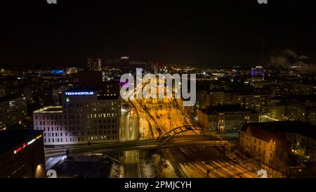 Aerial view of the railway station, winter night in downtown Tampere, Finland Stock Photo