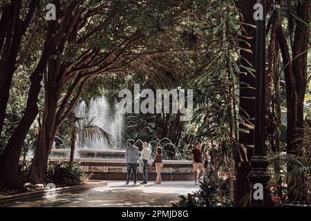 Marbella Spain. April 9, 2023 Tourists at the fountain of La Alameda park in the heart of the historic center of this Andalusian city in the province Stock Photo