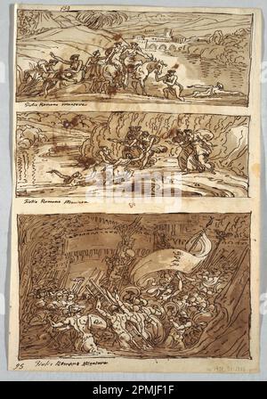 Drawing, Sketchbook Page, Folio 95: Three Paintings after Giulio Romano; Verso: Lion and Eagle; Designed by Felice Giani (Italian, 1758–1823); After Giulio Romano (Italian, 1499–1546); Italy; pen and brown ink, brush and sepia wash over traces of graphite on cream laid paper; 37.4 x 25.4 cm (14 3/4 x 10 in.) Stock Photo