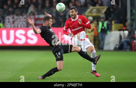 Brussels, Belgium. 13th Apr, 2023. Anderlecht's Jan Vertonghen and AZ's Vangelis Pavlidis fight for the ball during a soccer game between Belgian RSC Anderlecht and Dutch AZ Alkmaar, a first leg game of the quarterfinals of the UEFA Europa Conference League competition, Thursday 13 April 2023 in Brussels. BELGA PHOTO VIRGINIE LEFOUR Credit: Belga News Agency/Alamy Live News Stock Photo