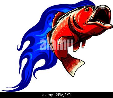 Bass fishing club. Bass fish and fishing rod on american flag background.  Design element for logo, label, sign, badge. Vector illustration Stock  Vector