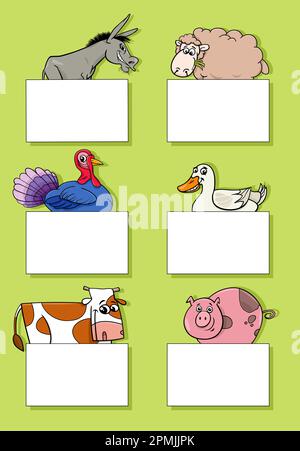 Cartoon illustration of funny farm animals with blank cards or banners design set Stock Vector