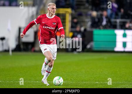 Brussels, Belgium. 13th Apr, 2023. BRUSSELS, BELGIUM - APRIL 13: Jens Odgaard of AZ during the UEFA Europa Conference League quarter finals first leg match between RSC Anderlecht and AZ at Lotto Park on April 13, 2023 in Brussels, Belgium (Photo by Patrick Goosen/Orange Pictures) Credit: Orange Pics BV/Alamy Live News Stock Photo