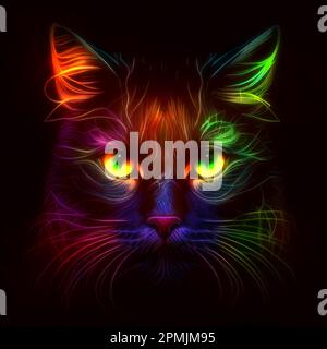 Illustration of modern and abstract cat head with neon lights shining brightly against a black background, creating a vibrant and energetic effect. Stock Photo
