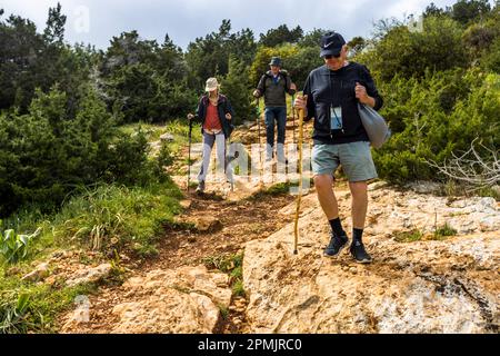 Aphrodite hiking trail on Akamis peninsula in Cyprus. Hiking guide Franz Bauernhofer (back) during a guided hike on the Aphrodite Trail Stock Photo