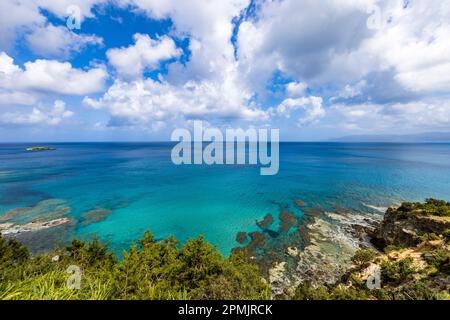 Turquoise water at the blue lagoon near Akamas. View from Aphrodite hiking trail on Akamis peninsula in Cyprus Stock Photo