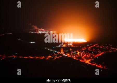 Greenhouses in the night,  aerial landscape Stock Photo
