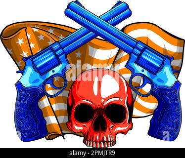 vector illustration ofskull and a pair of crossed gun revolver handgun six shooter Stock Vector