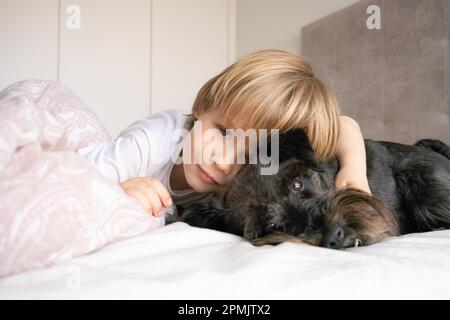 Cute blond child, toddler boy, lying on the bed with his pet dog at home Stock Photo