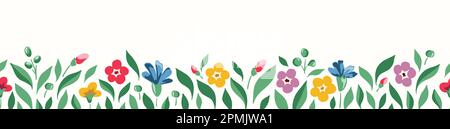 Bright Chintz Romantic Meadow Wildflowers Vector Horizontal Seamless Border Stock Vector