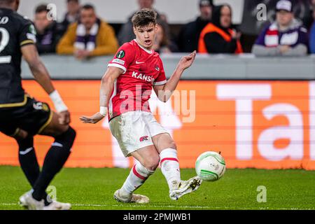 Brussels, Belgium. 13th Apr, 2023. BRUSSELS, BELGIUM - APRIL 13: Milos Kerkez of AZ during the UEFA Europa Conference League quarter finals first leg match between RSC Anderlecht and AZ at Lotto Park on April 13, 2023 in Brussels, Belgium (Photo by Patrick Goosen/Orange Pictures) Credit: Orange Pics BV/Alamy Live News Stock Photo