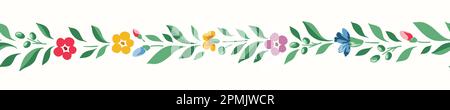 Bright Chintz Romantic Meadow Wildflowers Vector Horizontal Seamless Border Stock Vector
