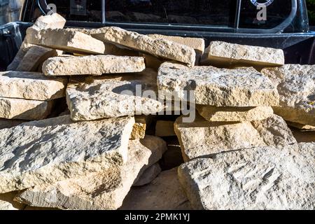 South of the Troodos Mountains, white limestone dominates and is often used here as a building material – freshly cut blocks for that purpose lie on the bed of a small truck in Omodos, Republic of Cyprus. Stock Photo