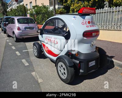 Roquebrune-Cap-Martin, France, 15 Aprilr 2022: A compact Renault Twizy 45 electric vehicle, belonging to Georges Driving School in Monaco, photographe Stock Photo