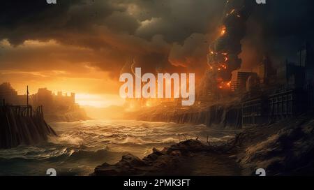 Dramatic religious background - hell realm, bright lightnings in dark red apocalyptic sky, judgement day, end of world, eternal damnation. Stock Photo