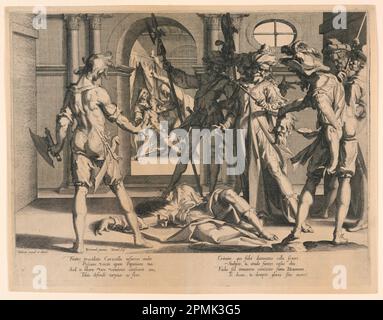 Print, The Beheading of the Roman Judge Papinian, Plate 5 from 'Thronus Justitiae', 1609; After Joachim Anthonisz Wtewael (Dutch, 1566 - 1638); Manufactured by Christoffel van Sichem I (Netherlandish, ca. 1546–1624); Print Maker: Willem van Swanenburg; Netherlands; engraving on laid paper; 31.2 × 40.2 cm (12 5/16 × 15 13/16 in.) ; Bequest of George Campbell Cooper; 1896-3-114 Stock Photo