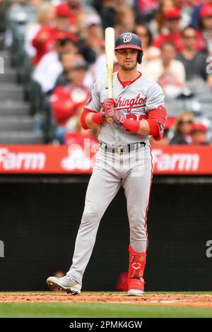 ANAHEIM, CA - APRIL 12: Washington Nationals shortstop CJ Abrams (5) swings  at a pitch during the MLB game between the Washington Nationals and the Los  Angeles Angels of Anaheim on April