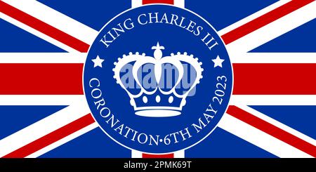 Celebrate the coronation of King Charles III with this stunning congratulatory backdrop featuring the iconic outline of the royal crown against the Br Stock Vector