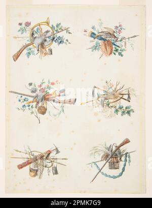 Drawing, Designs for Six Trophies Composed of Hunting Attributes; Designed by Pierre Ranson (French, 1736–1786); France; brush and gouache, white heightening, pen and black ink, graphite on cream paper; 27.1 × 20.4 cm (10 11/16 × 8 1/16 in.) Stock Photo