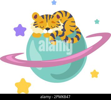 Sleeping tiger little cartoon character resting on planet. Isolated animal personage resting or taking nap, cute creature with stripes on coat. Nurser Stock Vector