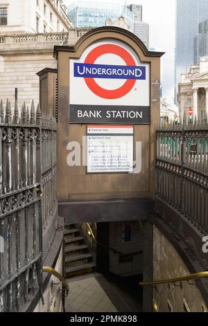 London, UK - March 18, 2023; London underground roundel at Bank Station with steps to station Stock Photo