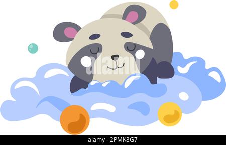 Sleeping panda cartoon character with cute sleepy muzzle. Isolated personage lying on soft and fluffy clouds, nursery bedtime and goodnight decoration Stock Vector