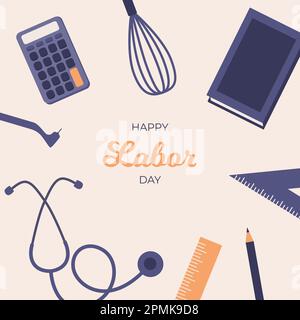 1st May. Happy Labor day greeting card with workers tools Stock Vector