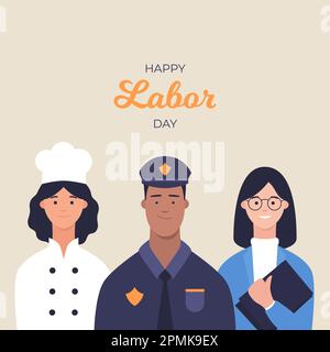 1st May. Happy Labor day greeting card with workers Stock Vector