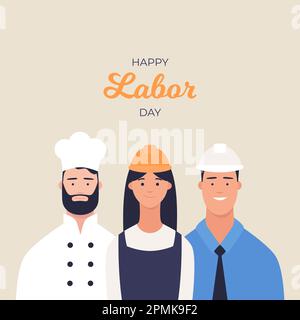 1st May. Happy Labor day greeting card with workers Stock Vector