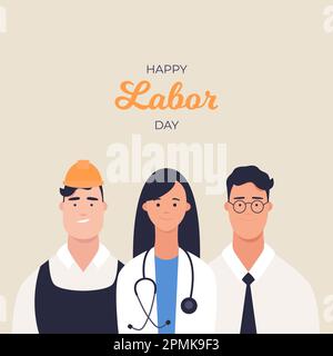 1st May. Happy Labor day greeting card with workers Stock Vector