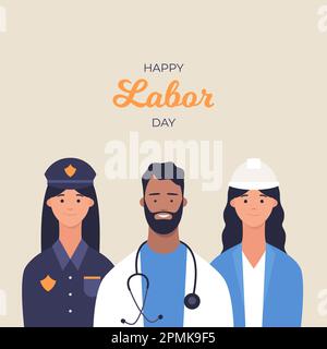 1st May. Happy Labor day greeting card with workers Stock Vector