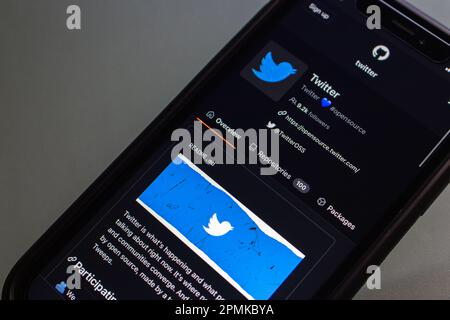 Vancouver, CANADA - Apr 7 2023 : Overview of Twitter's open source code page in Github seen in an iPhone. Stock Photo