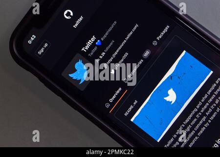 Vancouver, CANADA - Apr 7 2023 : Overview of Twitter's open source code page in Github seen in an iPhone. Stock Photo