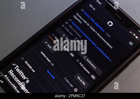 Vancouver, CANADA - Apr 7 2023 : Algorithm of Twitter's open source code page in Github seen in an iPhone. Stock Photo