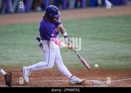 Baton Rouge, LA, USA. 13th Apr, 2023. LSU's Tommy White (47) tries for a base hit during NCAA Baseball action between the Kentucky Wildcats and the LSU Tigers at Alex Box Stadium, Skip Bertman Field in Baton Rouge, LA. Jonathan Mailhes/CSM/Alamy Live News Stock Photo