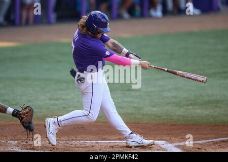 Baton Rouge, LA, USA. 13th Apr, 2023. LSU's Tommy White (47) tries for a base hit during NCAA Baseball action between the Kentucky Wildcats and the LSU Tigers at Alex Box Stadium, Skip Bertman Field in Baton Rouge, LA. Jonathan Mailhes/CSM/Alamy Live News Stock Photo