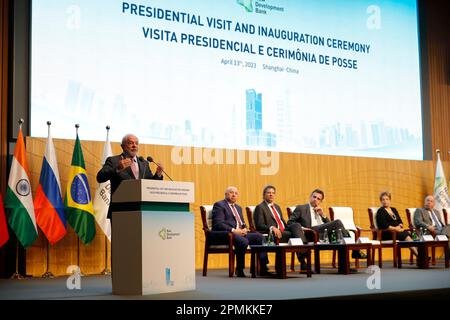 Shanghai, China. 13th Apr, 2023. Brazilian President Luiz Inacio Lula da Silva speaks at the inauguration ceremony of the new president of the New Development Bank (NDB), Dilma Rousseff, former Brazilian President, at the bank's headquarters in Pudong, Shanghai, east China, April 13, 2023. As agreed between China and Brazil, Lula is paying a state visit to China from April 12 to 15. Credit: Gao Feng/Xinhua/Alamy Live News Stock Photo