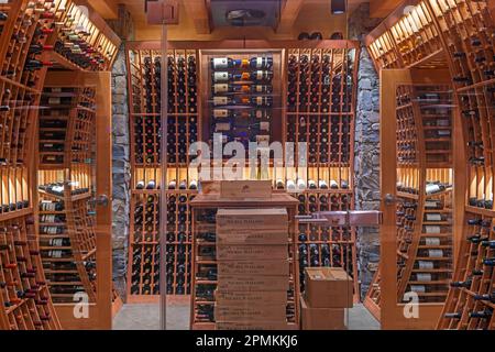 Wine bottles in wine cellar of Wickanninish Inn restaurant, Tofino, Canada. Stock Photo