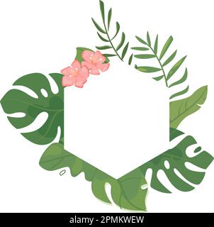 Vector frame from tropical leaves. Green leaves of palm trees, and pink flowers. Delicate summer design template Stock Vector