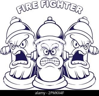 Angry firefighter fire hydrant mascot illustrations monochrome vector for your work logo, merchandise t-shirt, stickers and label designs, poster Stock Vector