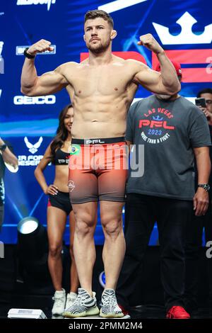 Las Vegas, NV, USA. 13th Apr, 2023. Lightweight Natan Schulte on stage during the ceremonial weigh-ins at The Theater inside the Virgin Hotel on April 13, 2023 in Las Vegas, NV. Christopher Trim/CSM/Alamy Live News Stock Photo