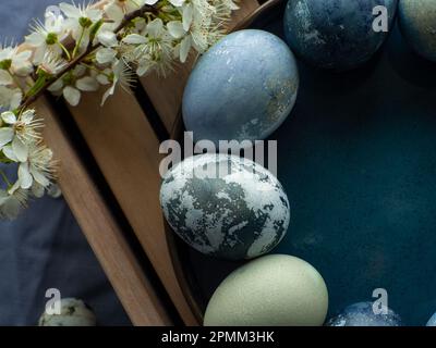 Blue painted easter eggs. Dyed Easter eggs with marble stone effect blue color on wooden planked background with cherry blossom twigs. Easter backgrou Stock Photo