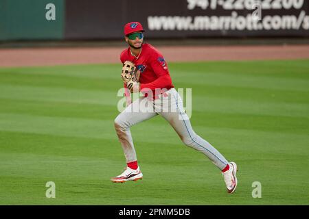 Clearwater Threshers outfielder Justin Crawford (13) during warmups before  an MiLB Florida State League baseball game against the Fort Myers Mighty  Mussels on April 14, 2023 at BayCare Ballpark in Clearwater, Florida. (