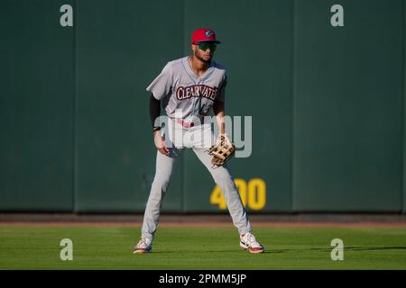 Clearwater Threshers Justin Crawford (13) bats during an MiLB Florida State  League baseball game against the Bradenton Marauders on April 8, 2023 at  LECOM Park in Bradenton, Florida. (Mike Janes/Four Seam Images