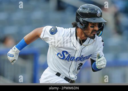 April 13, 2023: Biloxi Shuckers outfielder Jackson Chourio (11) on deck  during the first game of an MiLB double header between the Biloxi Shuckers  and Pensacola Blue Wahoos at MGM Park in