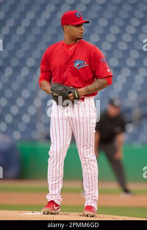 Clearwater Threshers pitcher Starlyn Castillo (18) during an MiLB Florida  State League baseball game against the Fort Myers Mighty Mussels on April  12, 2023 at BayCare Ballpark in Clearwater, Florida. (Mike Janes/Four