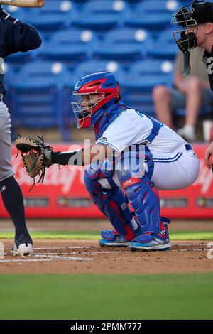 Dunedin Blue Jays catcher Sammy Hernandez (30) throws to first base during  an MiLB Florida State League baseball game against the Tampa Tarpons on  April 13, 2023 at TD Ballpark in Dunedin