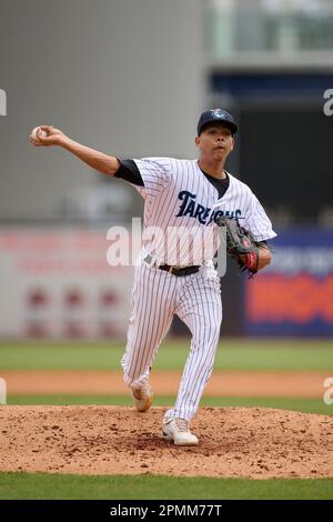 Tampa Tarpons pitcher Yorlin Calderon (2) during an MiLB Florida State  League baseball game against the Lakeland Flying Tigers on April 9, 2023 at  George M. Steinbrenner Field in Tampa, Florida. (Mike