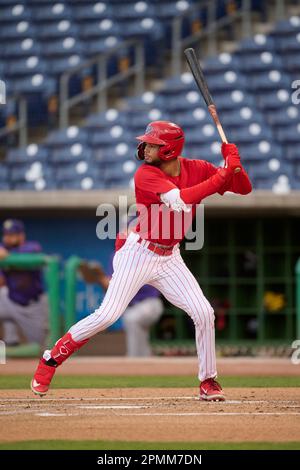 Clearwater Threshers Justin Crawford (13) bats during an MiLB Florida State  League baseball game against the Bradenton Marauders on April 8, 2023 at  LECOM Park in Bradenton, Florida. (Mike Janes/Four Seam Images