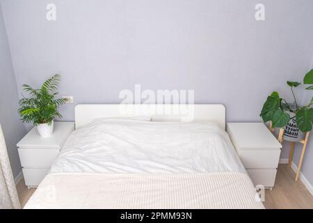 A beautiful modern white room with large spacious bed made with fresh white linens, furnished with green plants. Beautiful hotel room with a wide bed Stock Photo